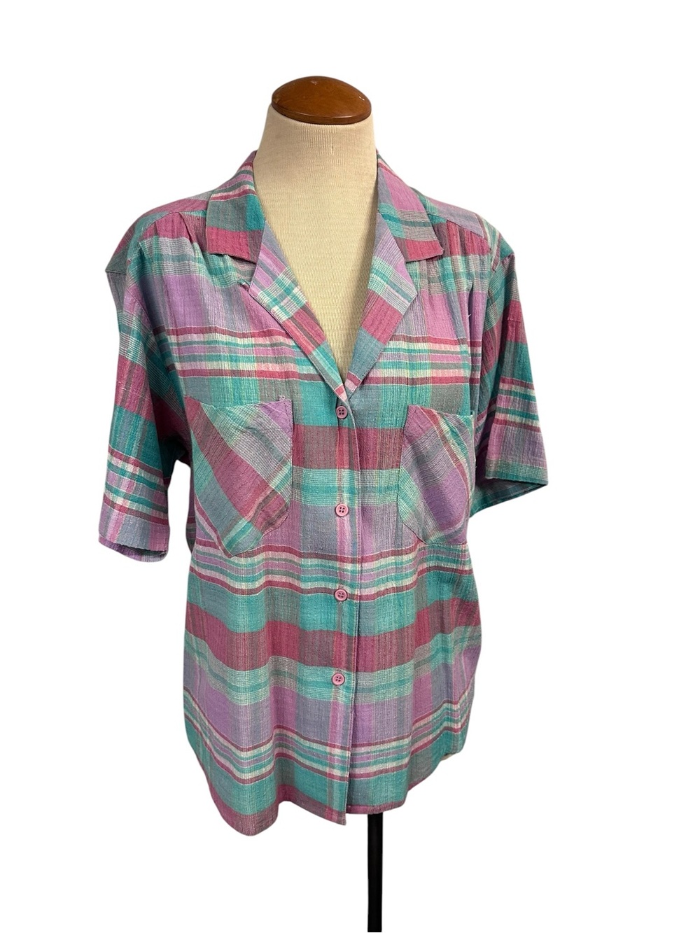 Vintage Diane Von Furstenberg Plaid Short Sleeve Top Camp Shirt Pink Teal DVF